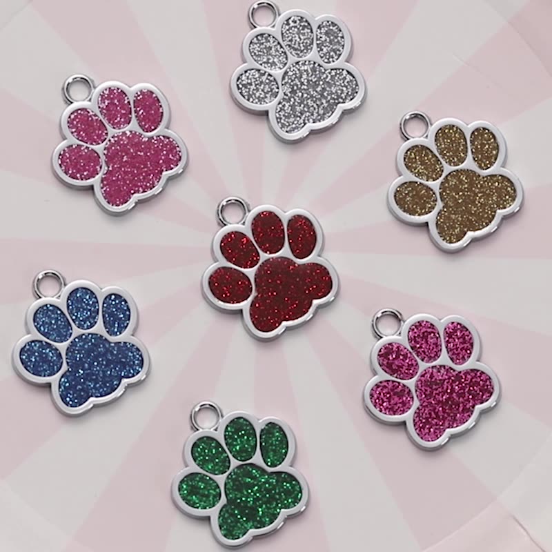 Glitter Paw Shaped Tag - Single Side Engraved Tag for Pets