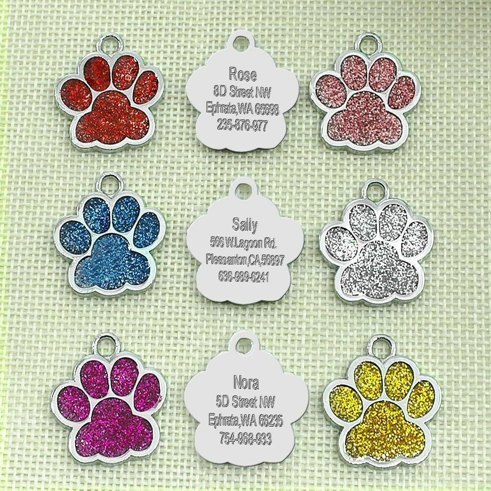 Glitter Paw Shaped Tag - Single Side Engraved Tag for Pets