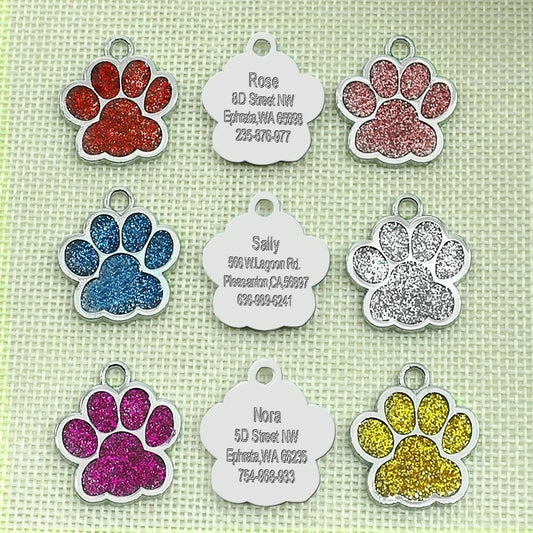 Glitter Paw Shaped Tag - Single Side Engraved Tag for Pets